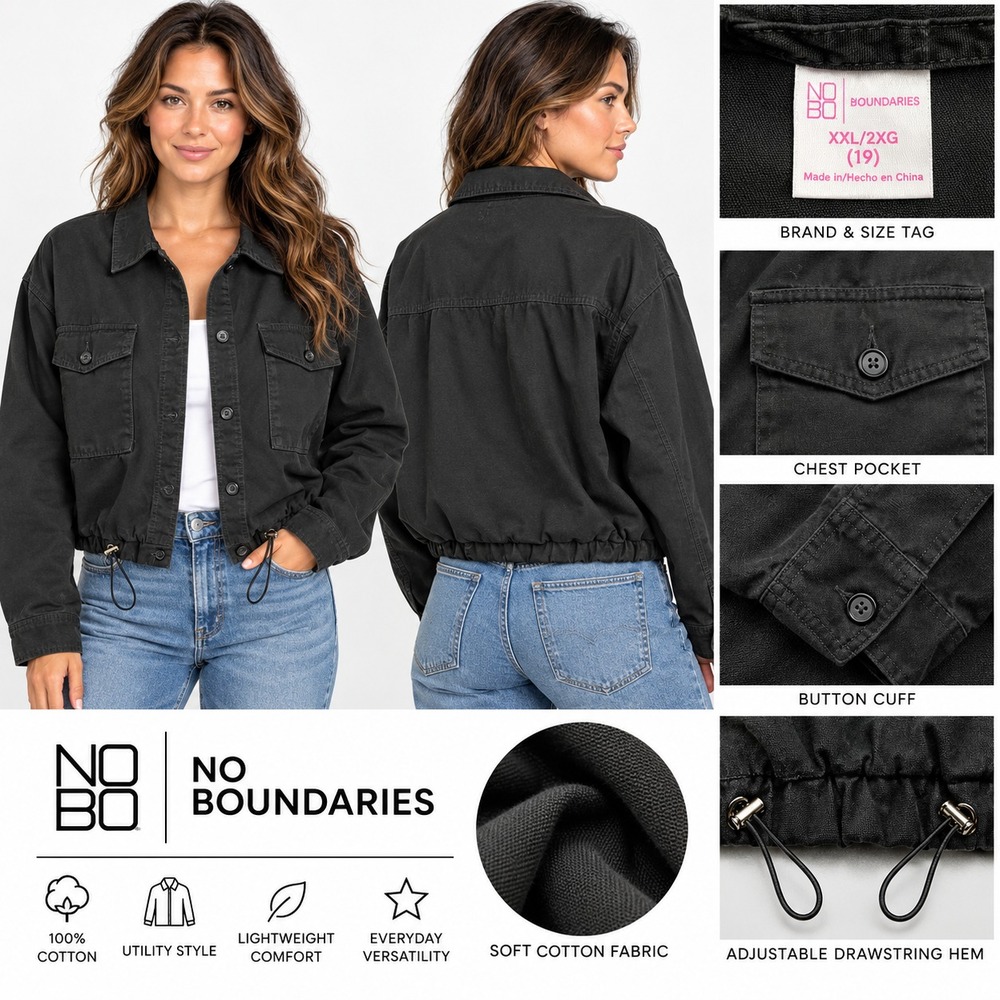 No Boundaries Women's XXL 19 Black Canvas Utility Cinch Hem Button Front Jacket